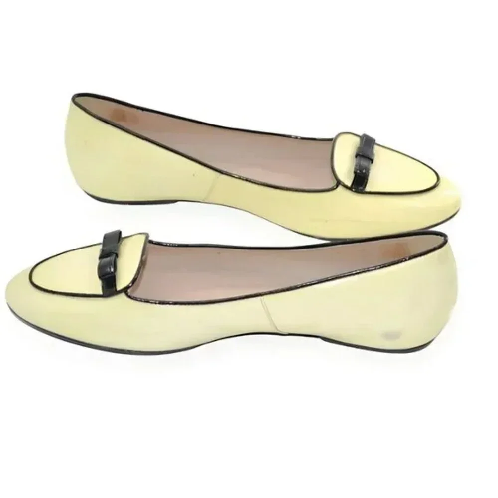 LK Bennet LKB Lemon Yellow Black Bow Cap Toe Patent Leather Shoes Loafers 39 8 - Picture 6 of 11